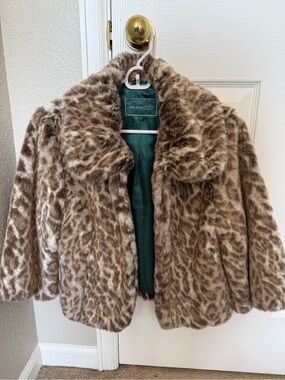 per una Teal Satin-Lined Faux Fur Leopard Trim Coat S